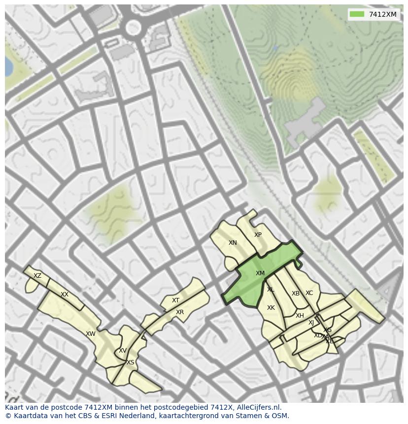Afbeelding van het postcodegebied 7412 XM op de kaart.