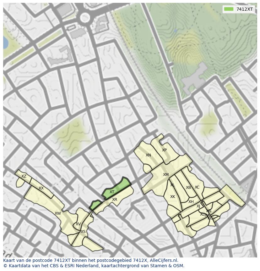 Afbeelding van het postcodegebied 7412 XT op de kaart.