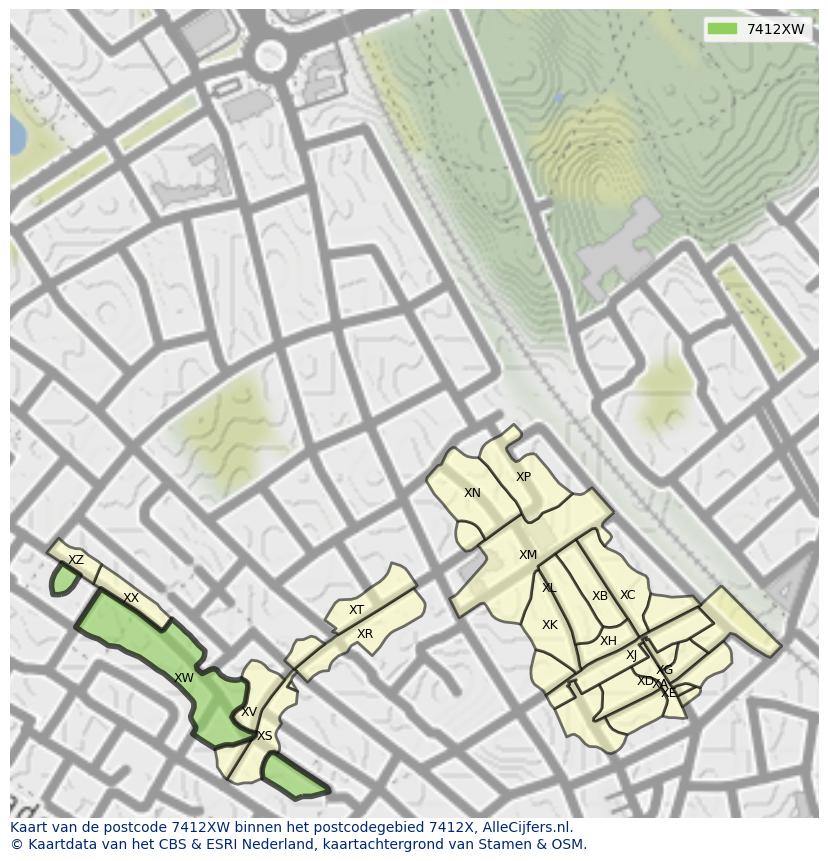 Afbeelding van het postcodegebied 7412 XW op de kaart.