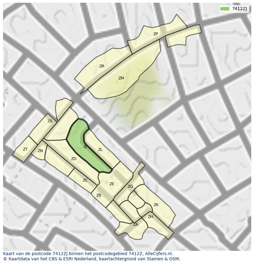 Afbeelding van het postcodegebied 7412 ZJ op de kaart.