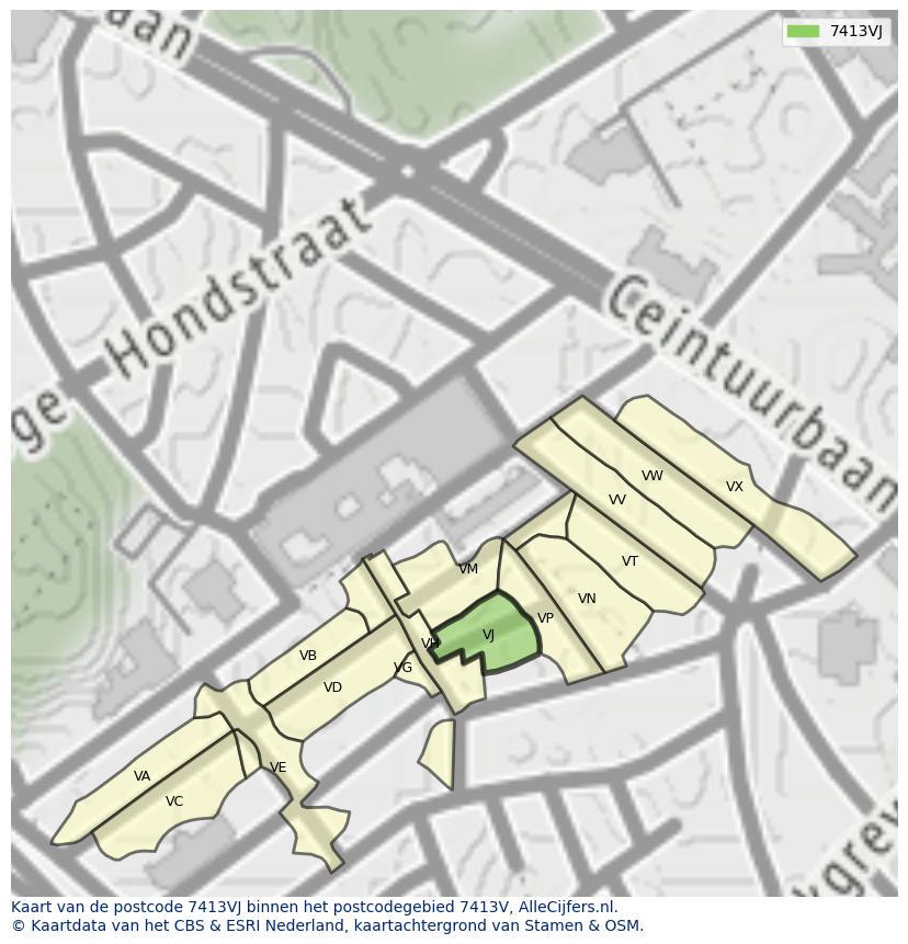Afbeelding van het postcodegebied 7413 VJ op de kaart.