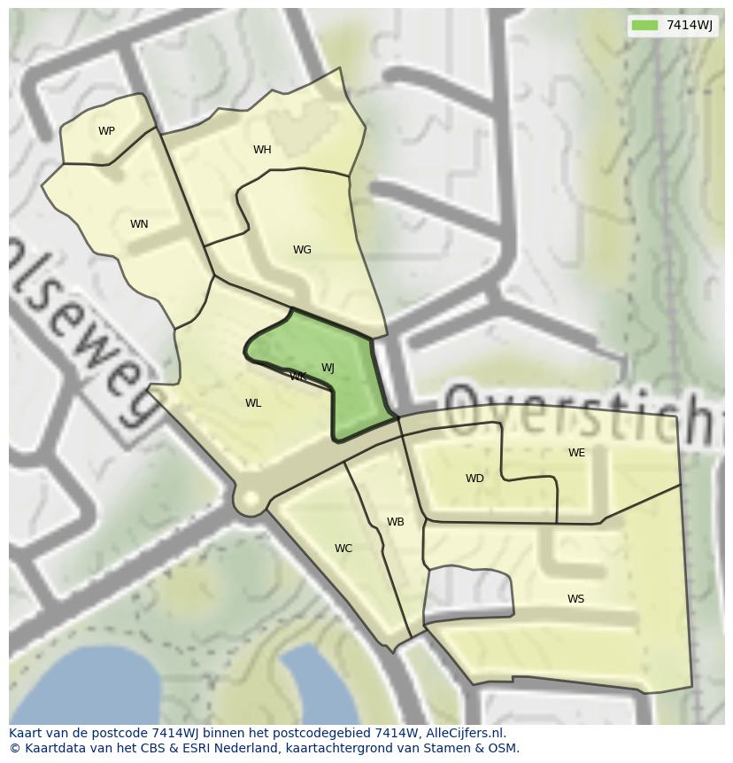 Afbeelding van het postcodegebied 7414 WJ op de kaart.