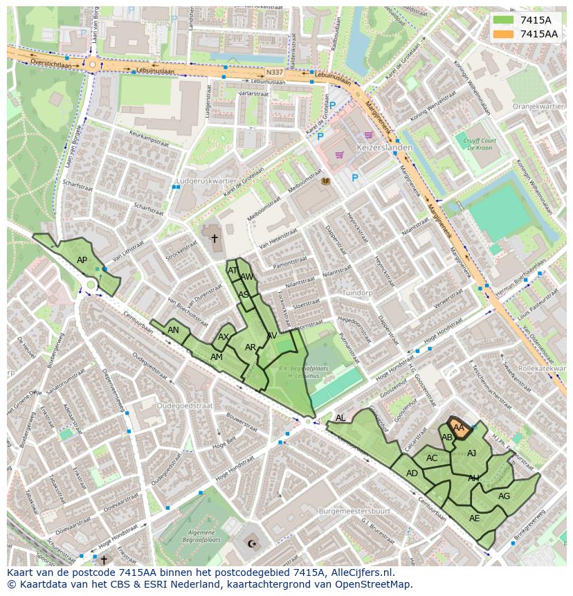 Afbeelding van het postcodegebied 7415 AA op de kaart.