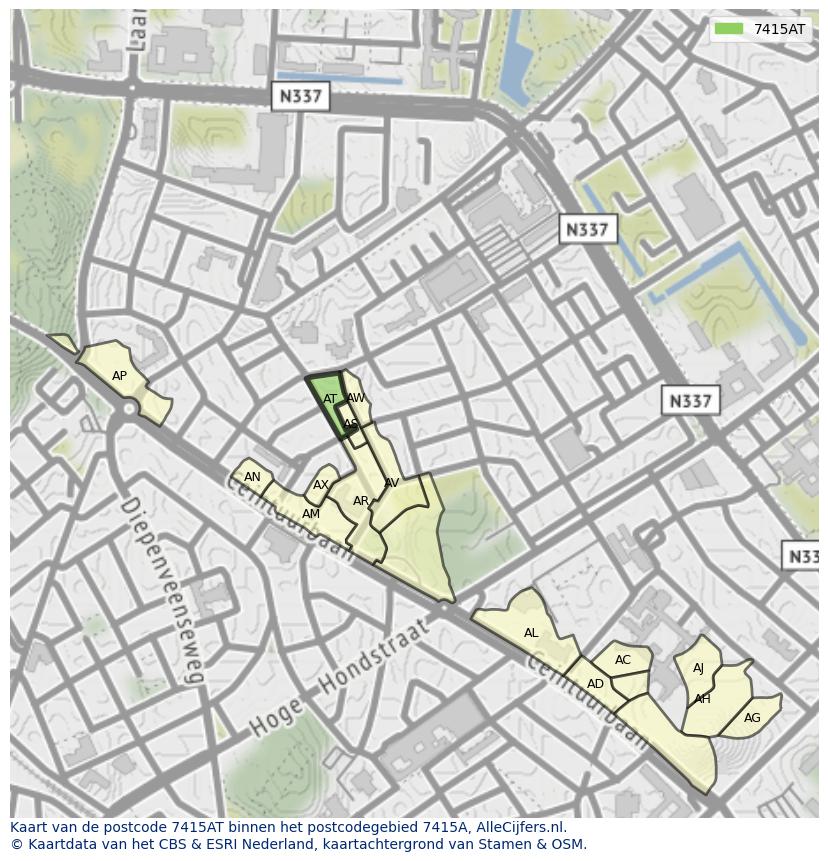 Afbeelding van het postcodegebied 7415 AT op de kaart.