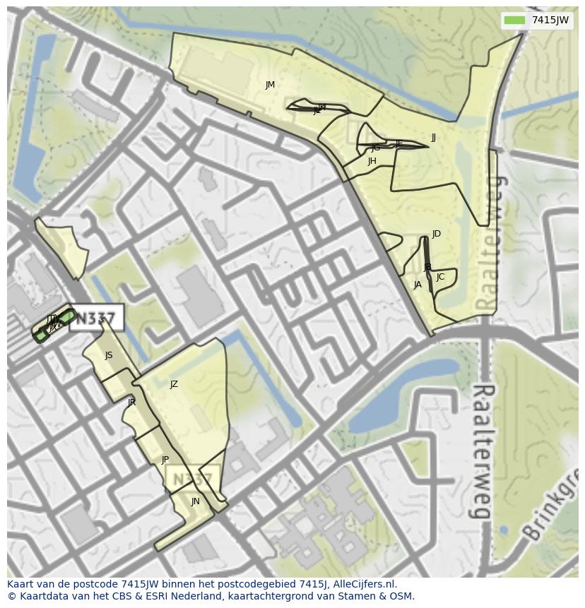 Afbeelding van het postcodegebied 7415 JW op de kaart.