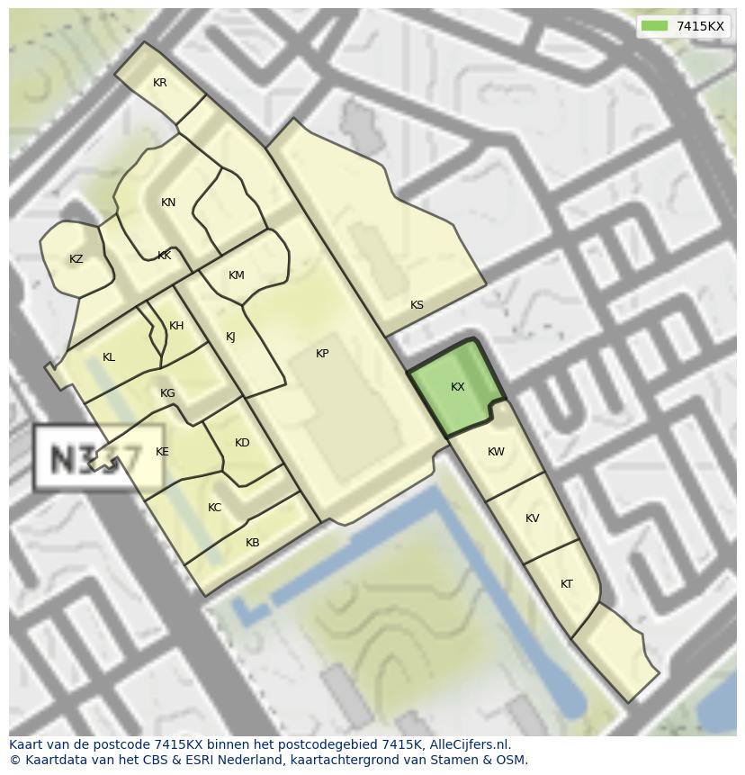 Afbeelding van het postcodegebied 7415 KX op de kaart.