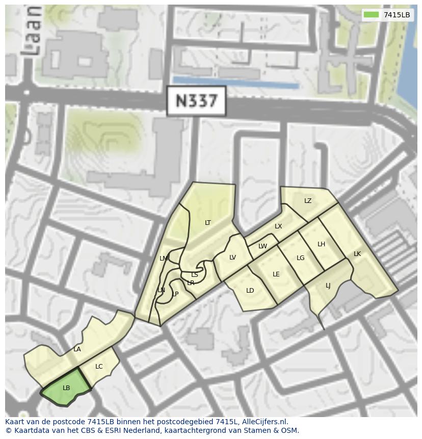 Afbeelding van het postcodegebied 7415 LB op de kaart.