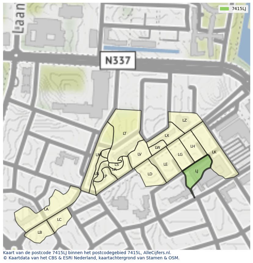 Afbeelding van het postcodegebied 7415 LJ op de kaart.