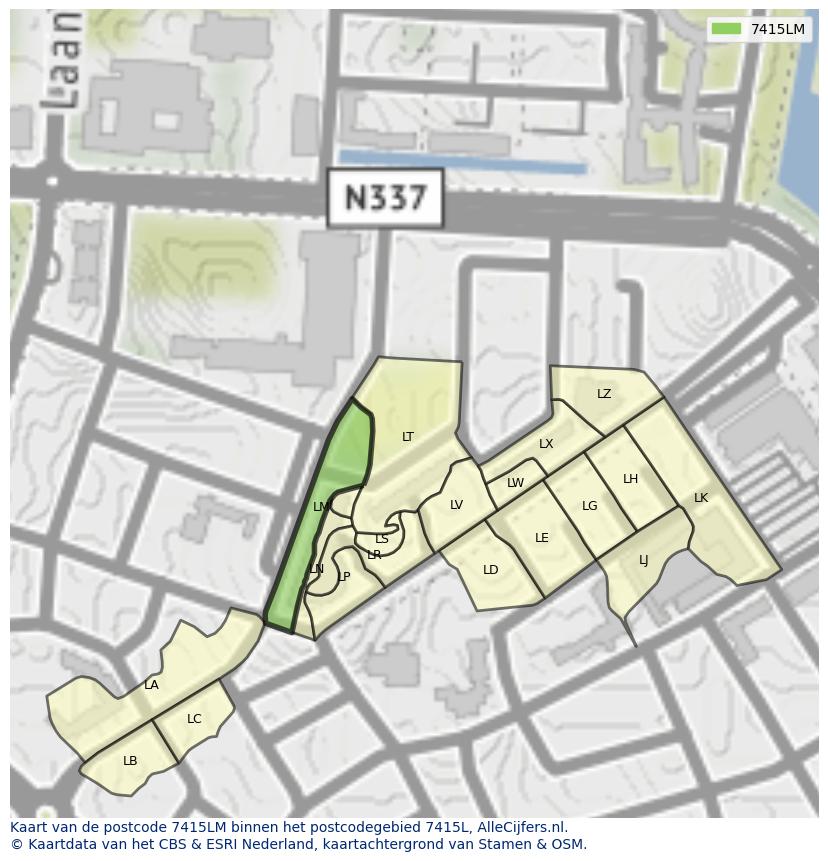 Afbeelding van het postcodegebied 7415 LM op de kaart.