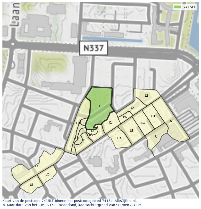 Afbeelding van het postcodegebied 7415 LT op de kaart.