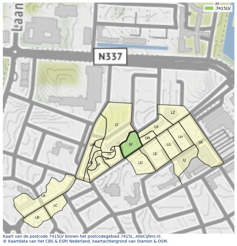 Afbeelding van het postcodegebied 7415 LV op de kaart.