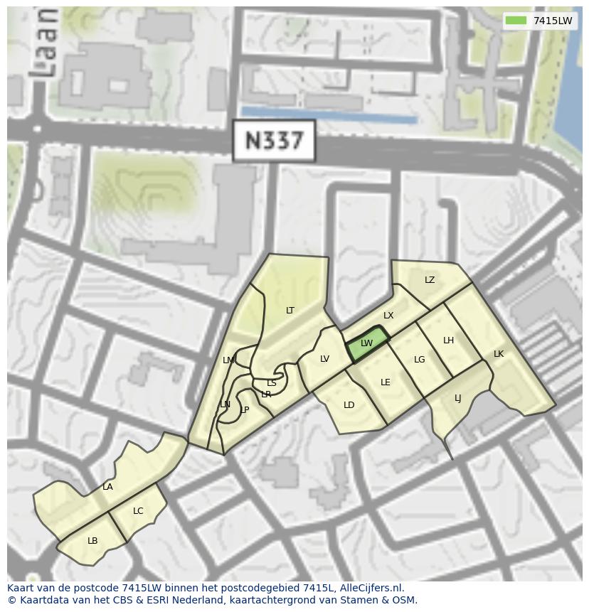 Afbeelding van het postcodegebied 7415 LW op de kaart.
