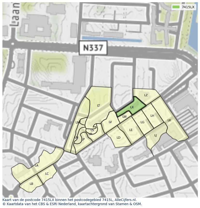 Afbeelding van het postcodegebied 7415 LX op de kaart.