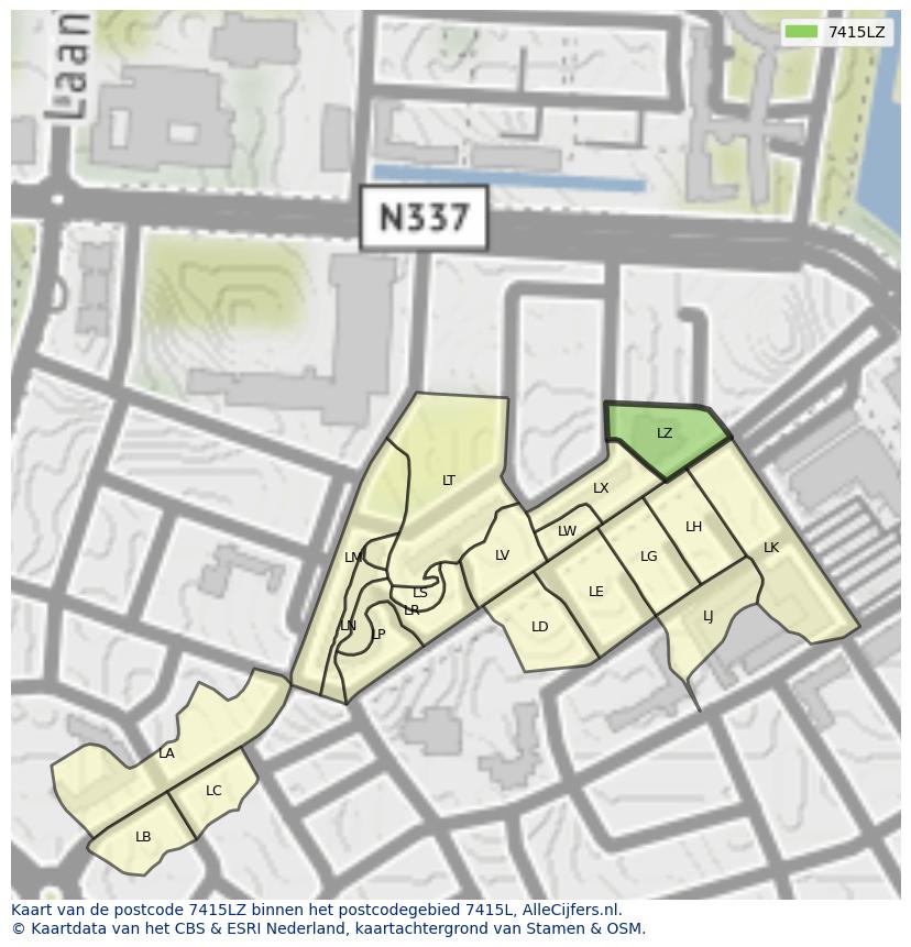 Afbeelding van het postcodegebied 7415 LZ op de kaart.
