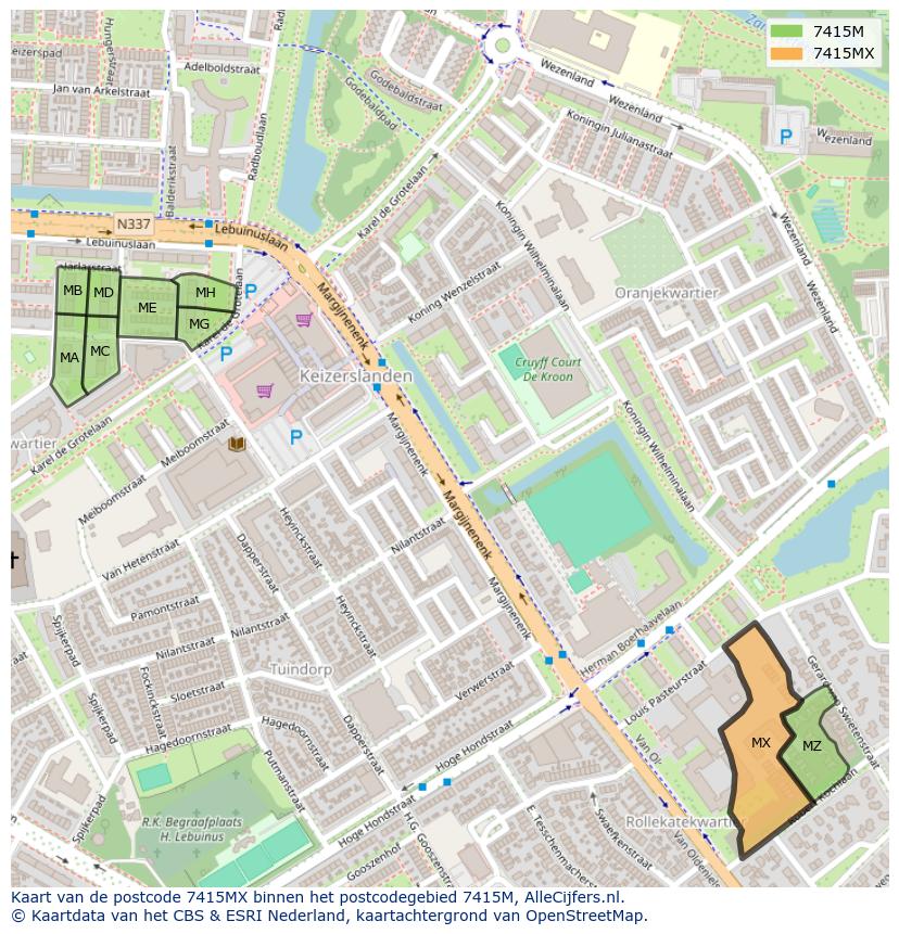 Afbeelding van het postcodegebied 7415 MX op de kaart.