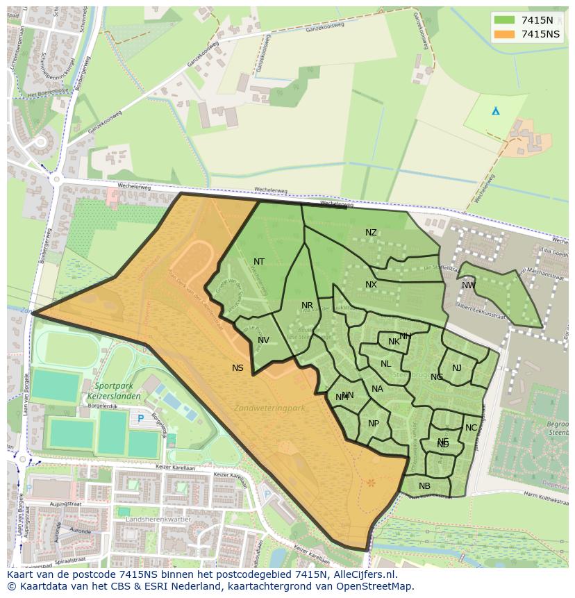 Afbeelding van het postcodegebied 7415 NS op de kaart.