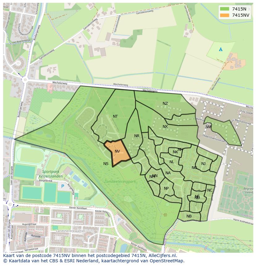 Afbeelding van het postcodegebied 7415 NV op de kaart.