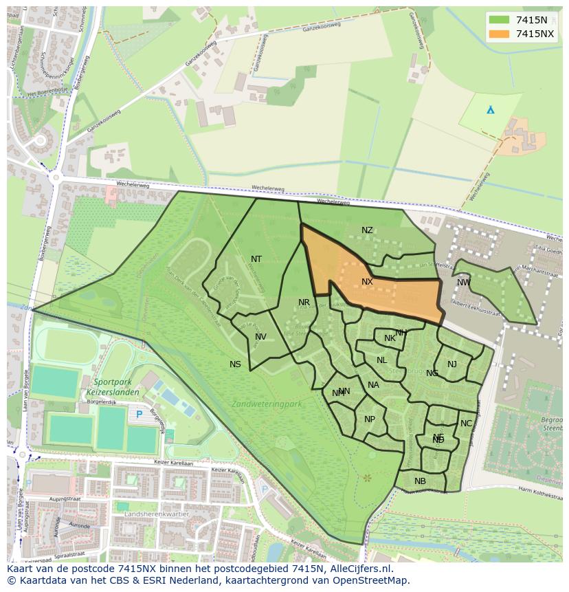 Afbeelding van het postcodegebied 7415 NX op de kaart.