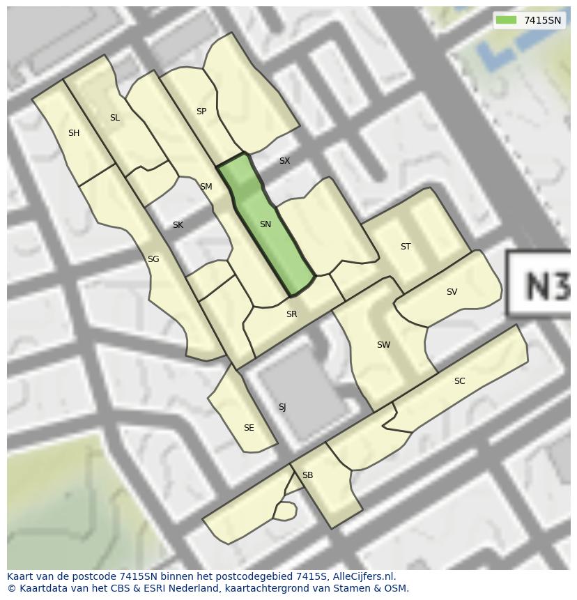 Afbeelding van het postcodegebied 7415 SN op de kaart.