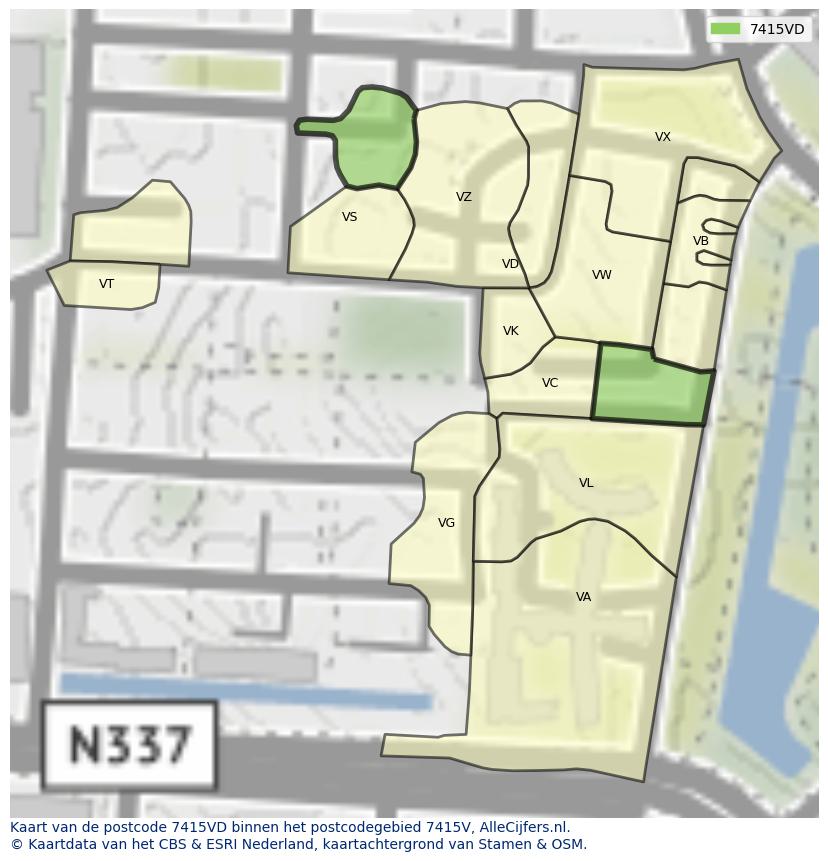 Afbeelding van het postcodegebied 7415 VD op de kaart.