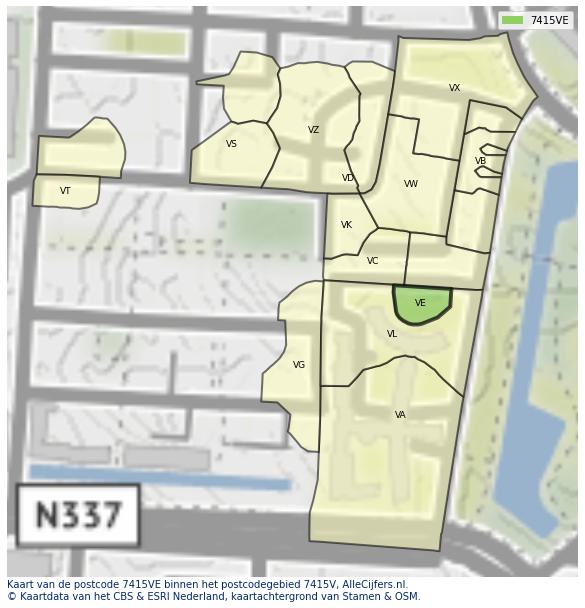 Afbeelding van het postcodegebied 7415 VE op de kaart.