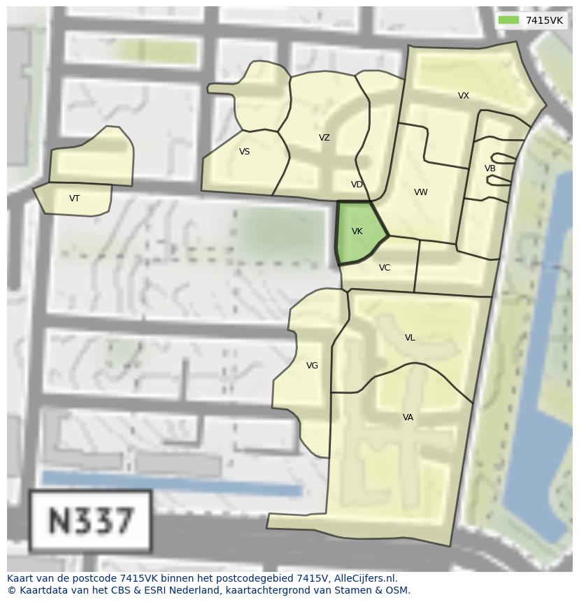 Afbeelding van het postcodegebied 7415 VK op de kaart.