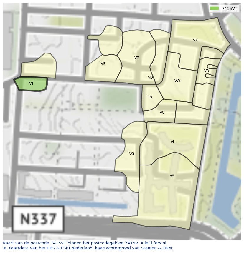 Afbeelding van het postcodegebied 7415 VT op de kaart.