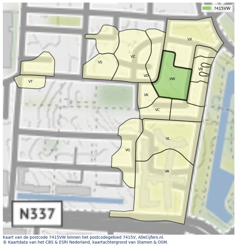 Afbeelding van het postcodegebied 7415 VW op de kaart.