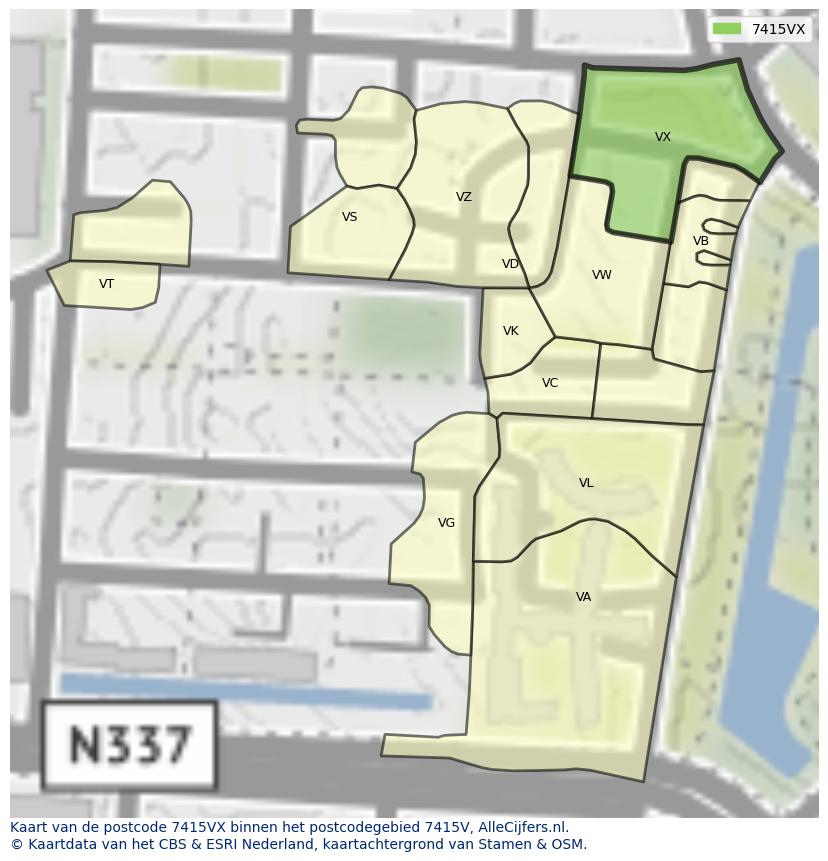 Afbeelding van het postcodegebied 7415 VX op de kaart.