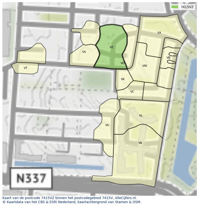 Afbeelding van het postcodegebied 7415 VZ op de kaart.
