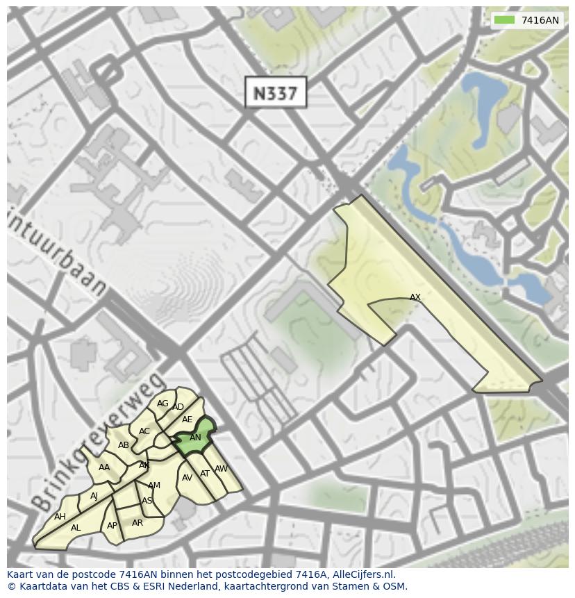 Afbeelding van het postcodegebied 7416 AN op de kaart.