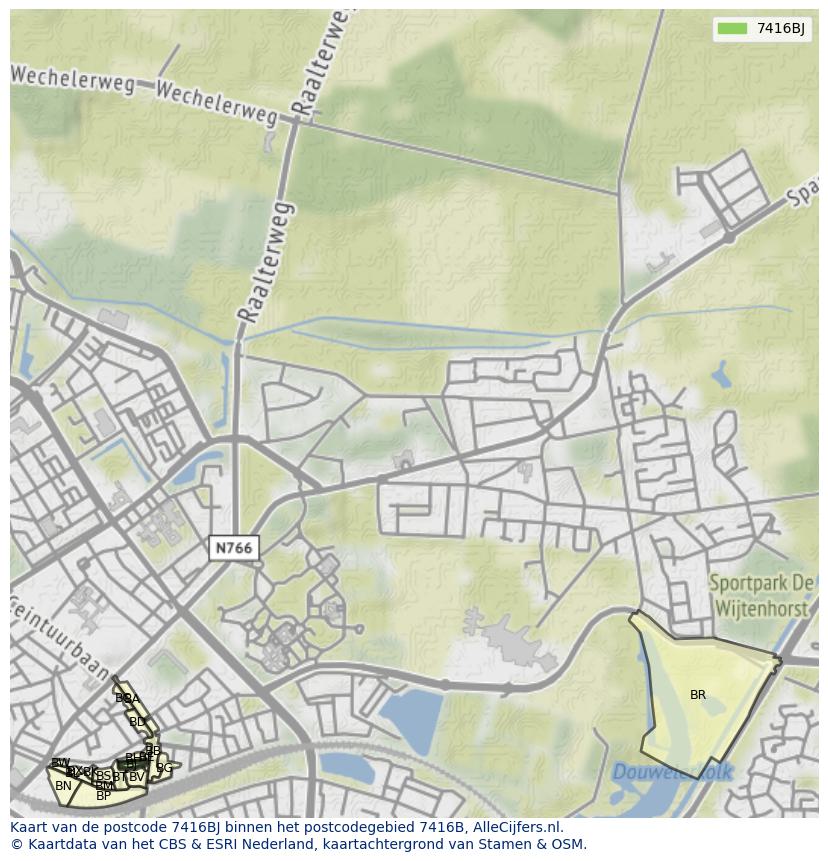 Afbeelding van het postcodegebied 7416 BJ op de kaart.