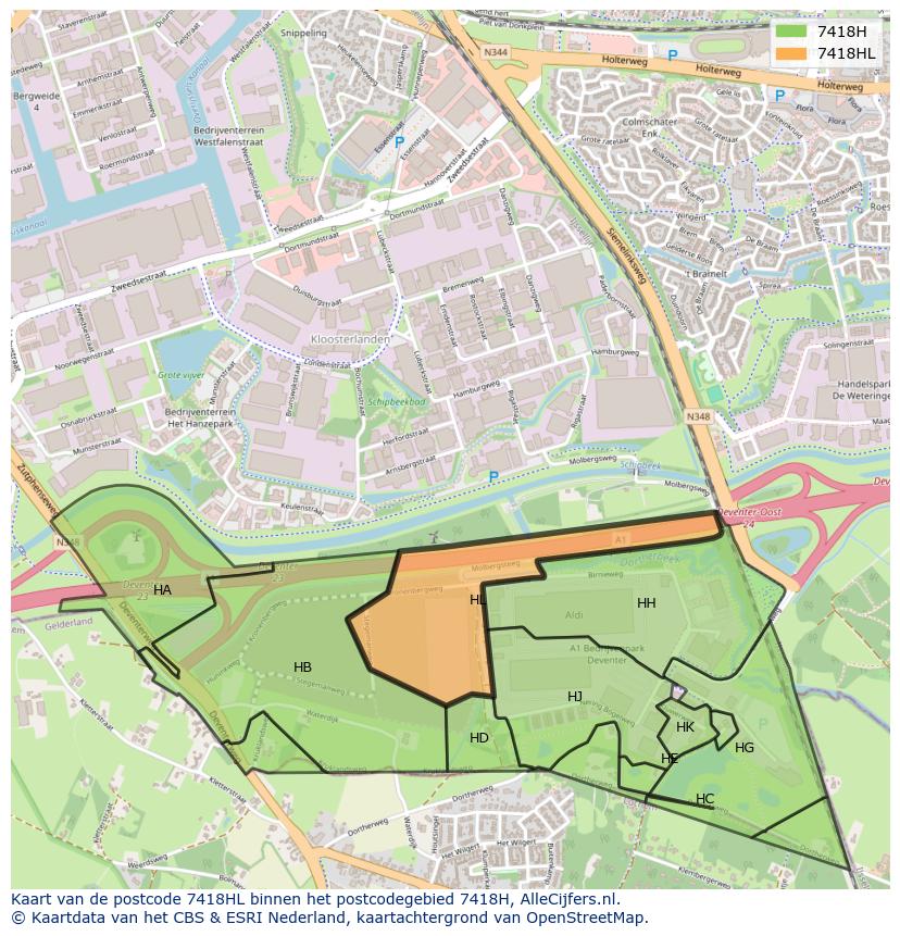 Afbeelding van het postcodegebied 7418 HL op de kaart.