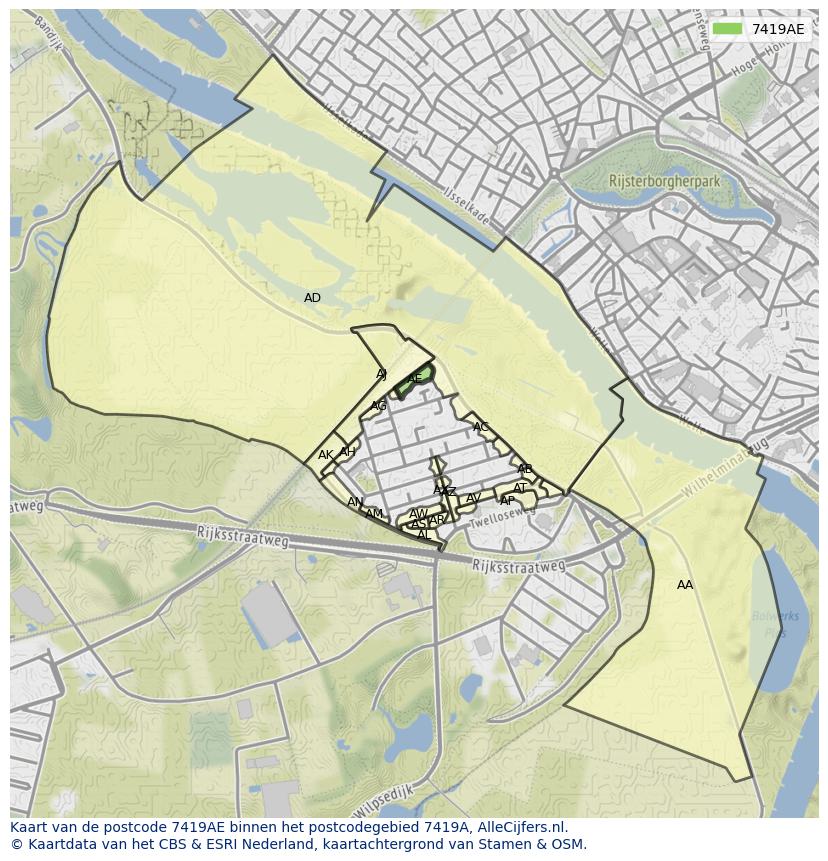 Afbeelding van het postcodegebied 7419 AE op de kaart.