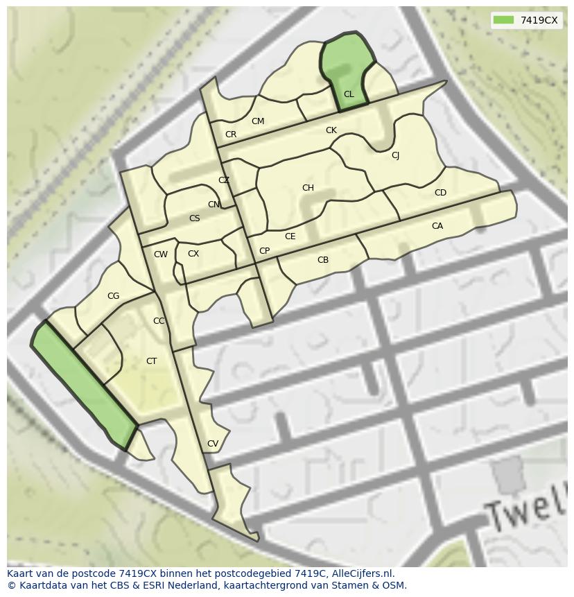 Afbeelding van het postcodegebied 7419 CX op de kaart.