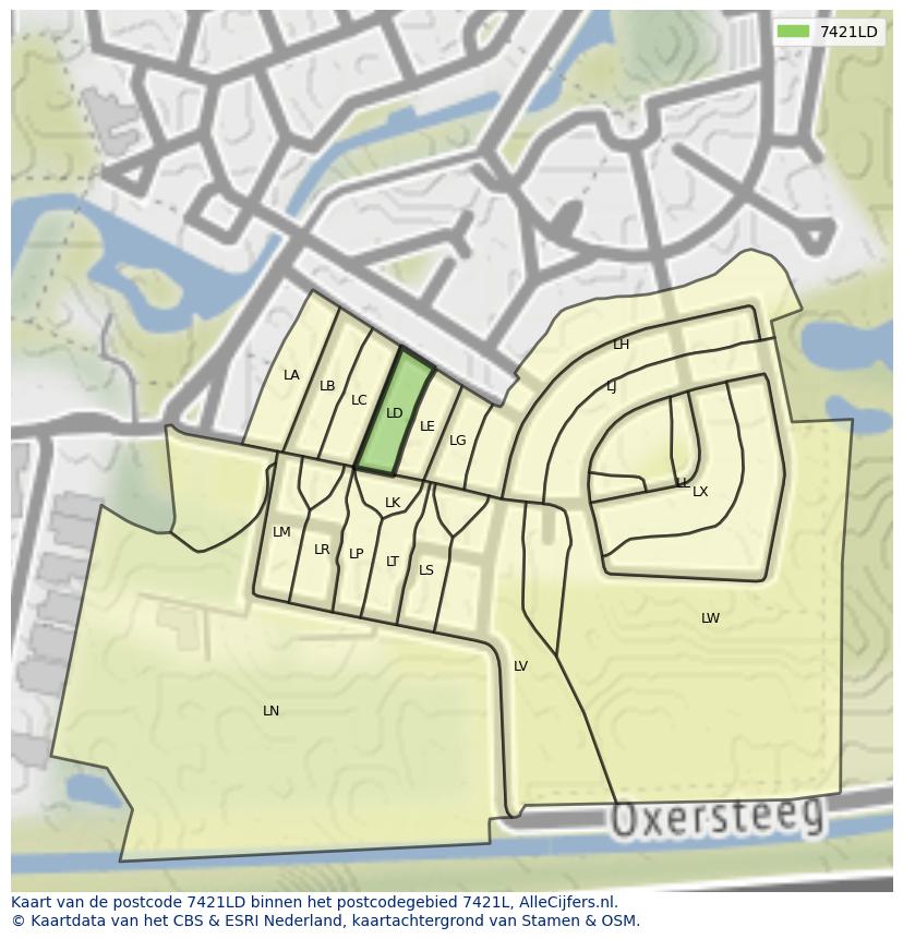 Afbeelding van het postcodegebied 7421 LD op de kaart.