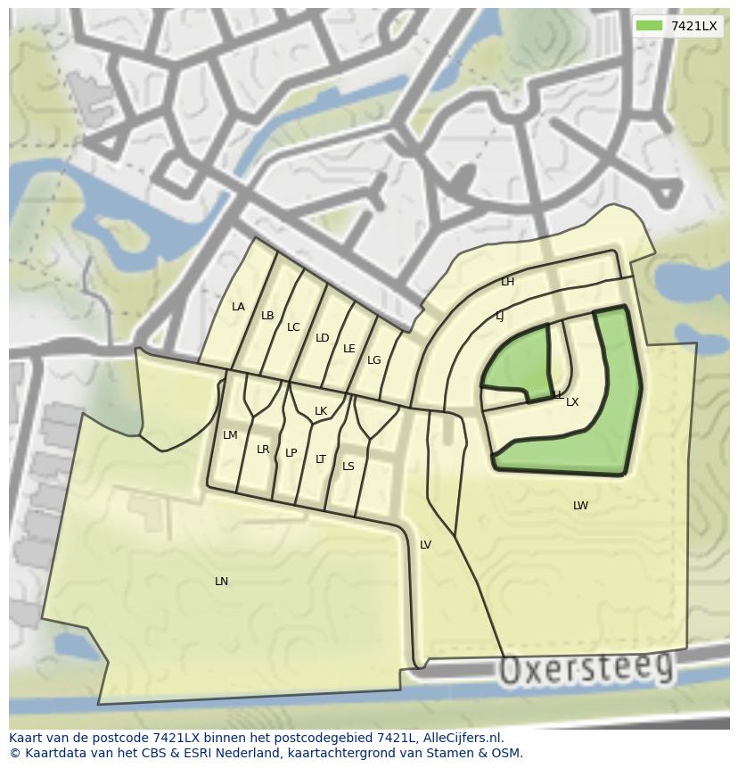 Afbeelding van het postcodegebied 7421 LX op de kaart.