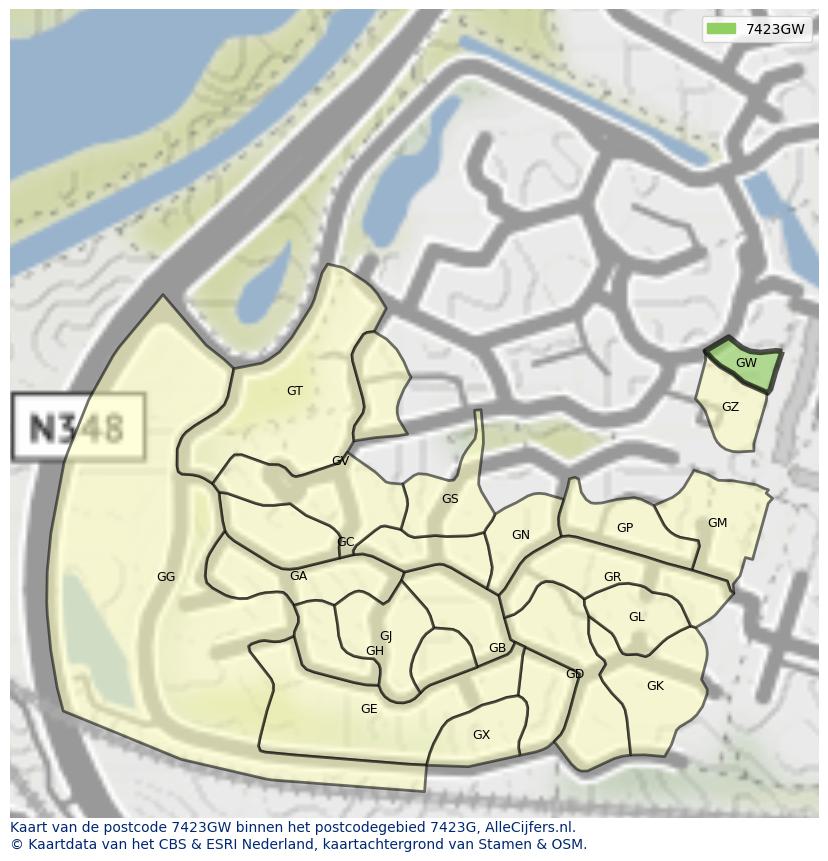 Afbeelding van het postcodegebied 7423 GW op de kaart.