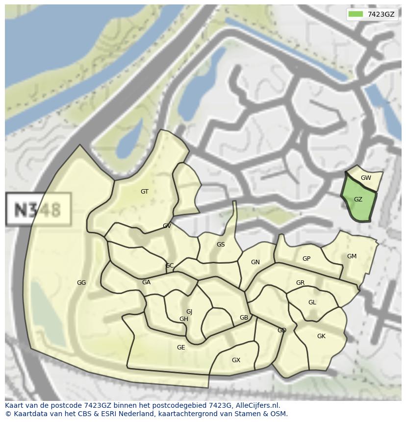 Afbeelding van het postcodegebied 7423 GZ op de kaart.