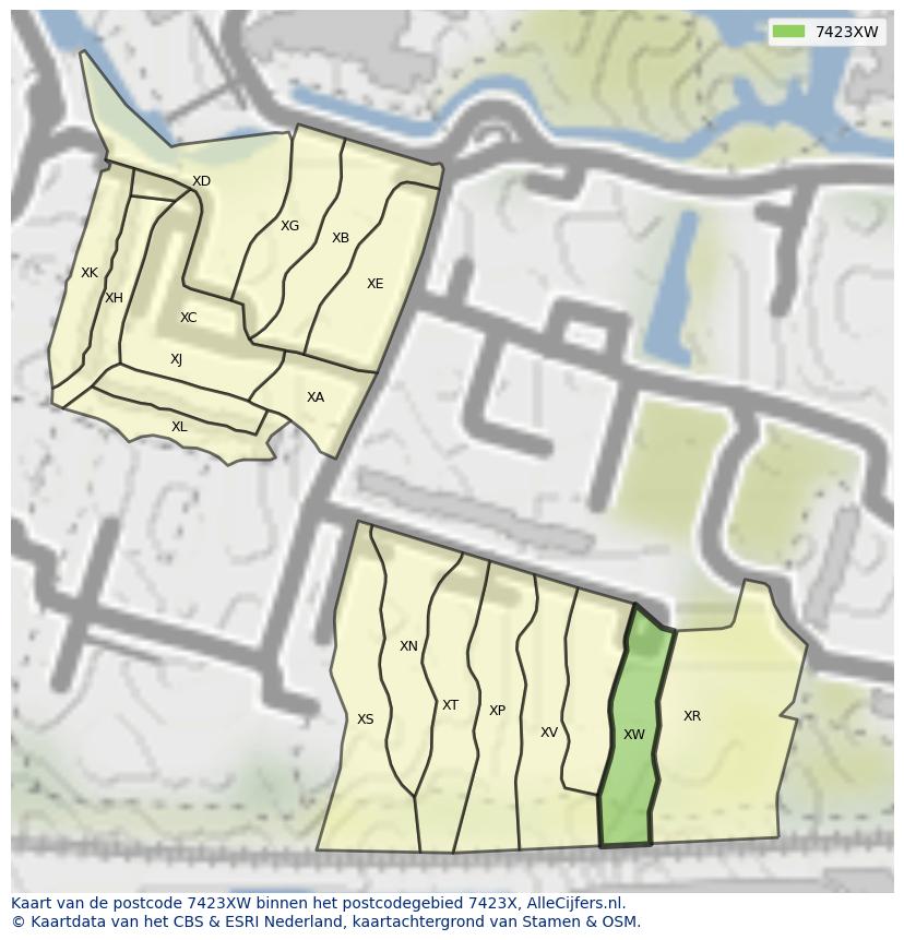 Afbeelding van het postcodegebied 7423 XW op de kaart.