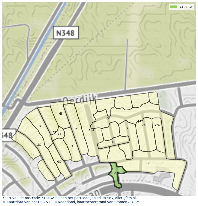 Afbeelding van het postcodegebied 7424 GA op de kaart.