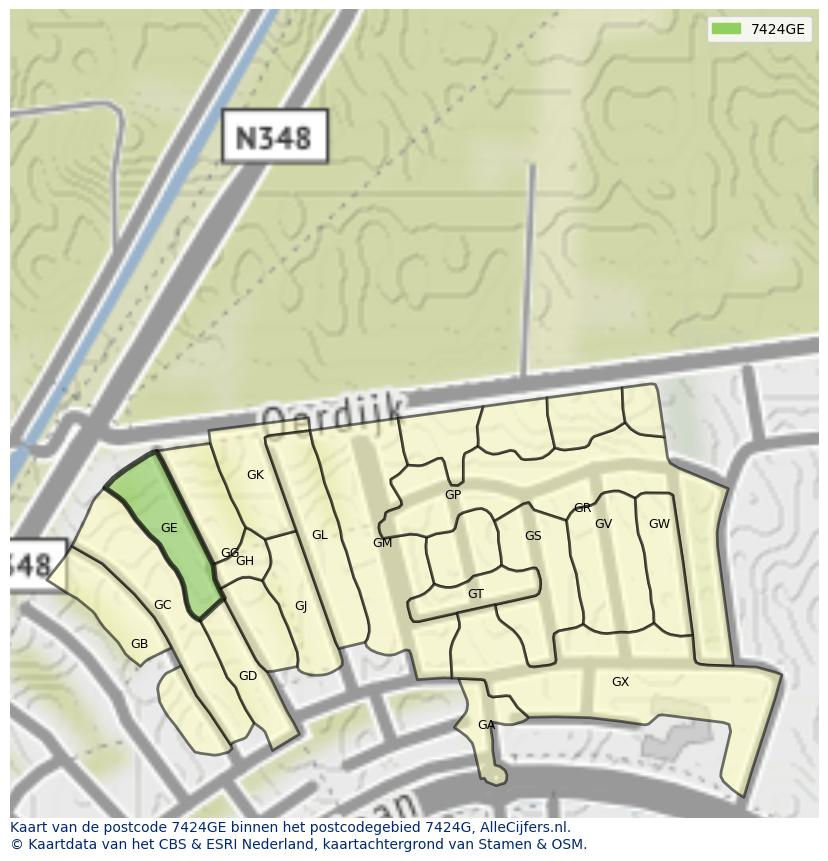 Afbeelding van het postcodegebied 7424 GE op de kaart.