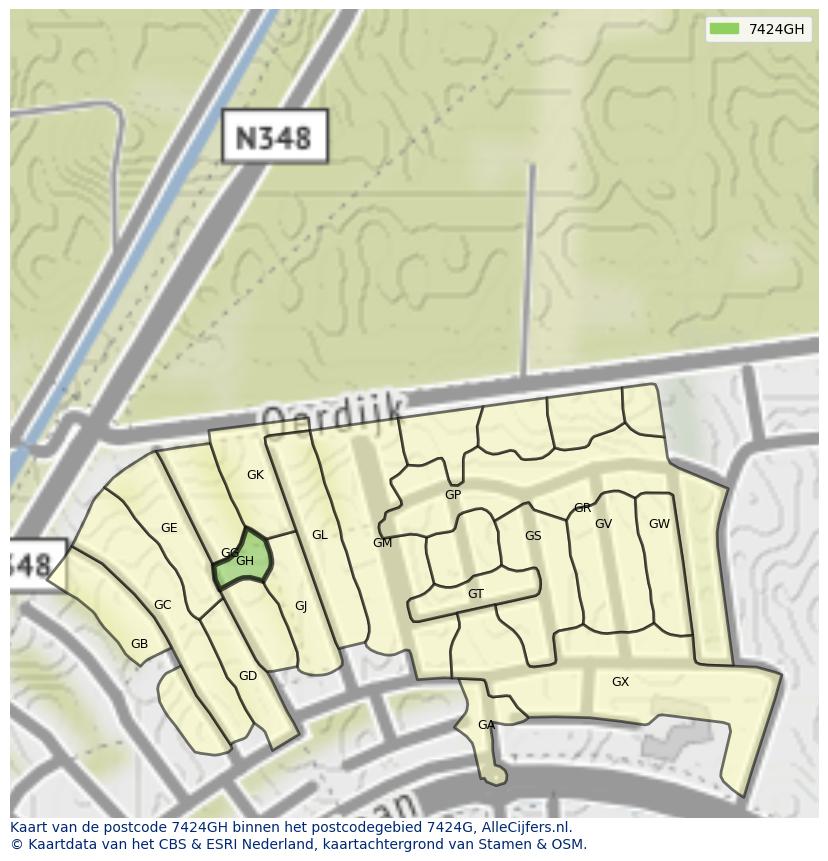 Afbeelding van het postcodegebied 7424 GH op de kaart.