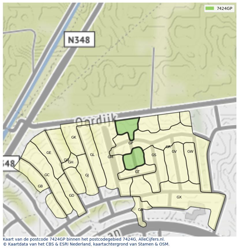 Afbeelding van het postcodegebied 7424 GP op de kaart.