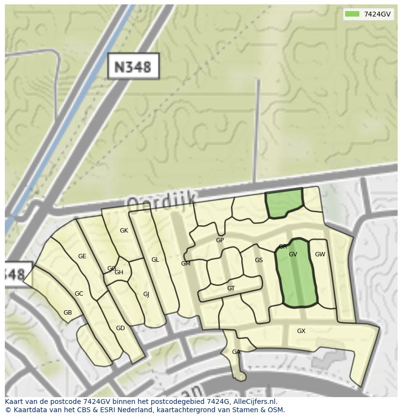 Afbeelding van het postcodegebied 7424 GV op de kaart.