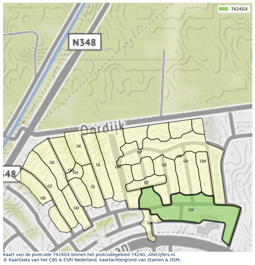 Afbeelding van het postcodegebied 7424 GX op de kaart.