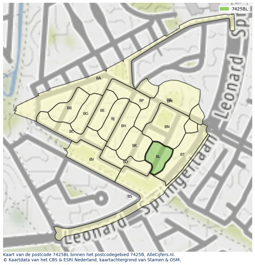 Afbeelding van het postcodegebied 7425 BL op de kaart.