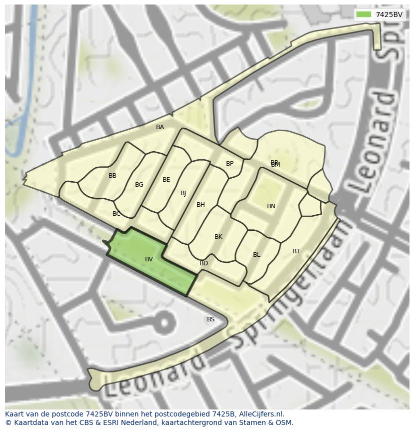Afbeelding van het postcodegebied 7425 BV op de kaart.
