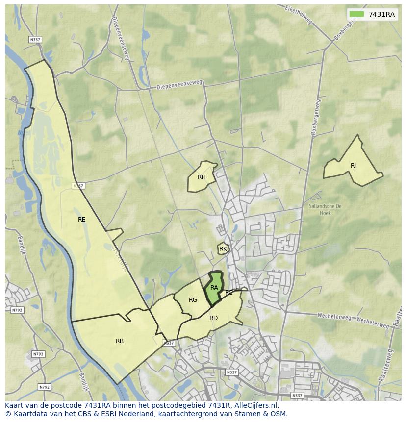 Afbeelding van het postcodegebied 7431 RA op de kaart.