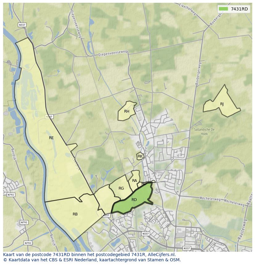 Afbeelding van het postcodegebied 7431 RD op de kaart.
